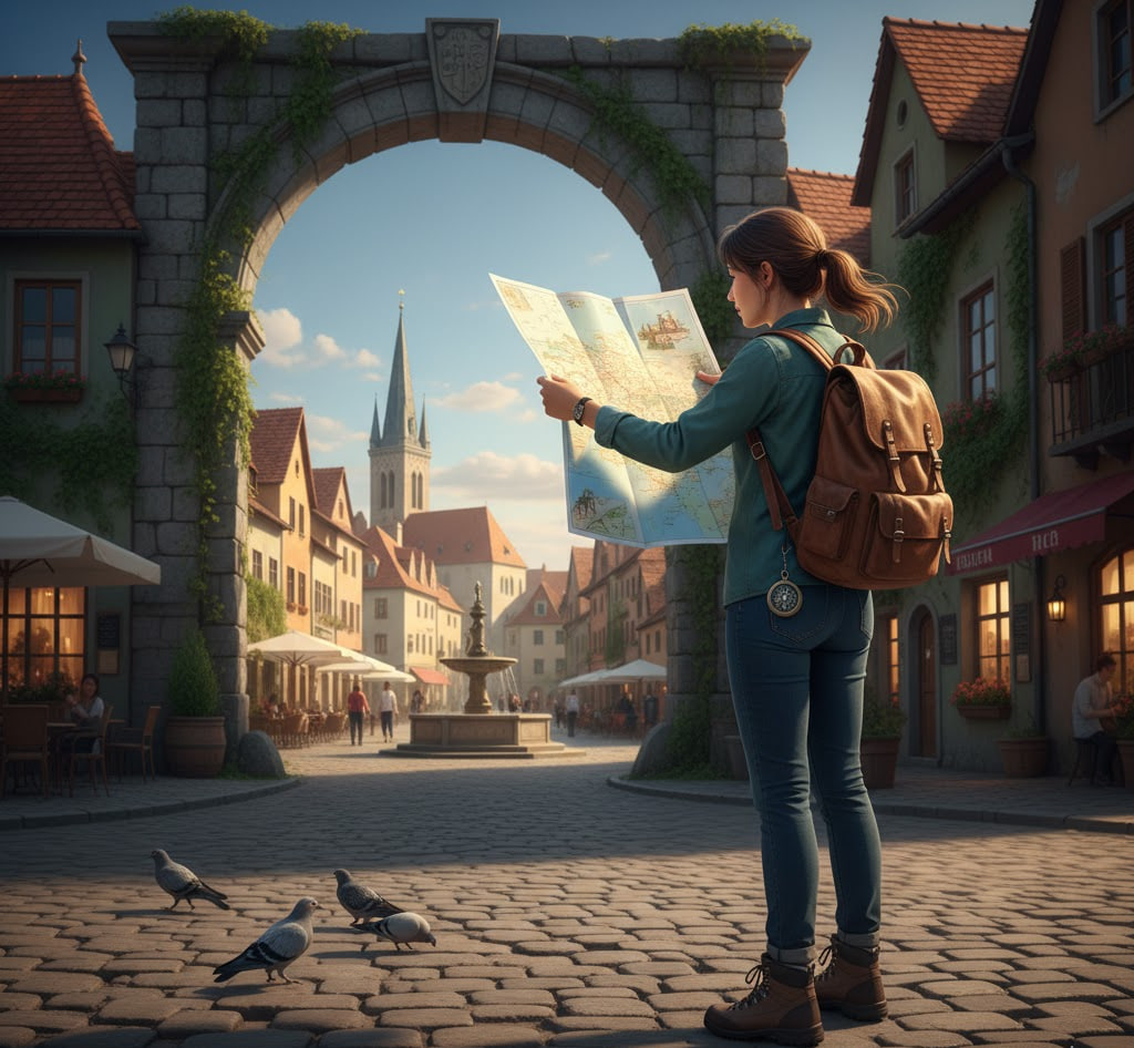 A traveler holding a map stands in a charming European street, framed by an archway and historic buildings. Pigeons gather on the cobblestone ground, and a fountain is visible in the square.